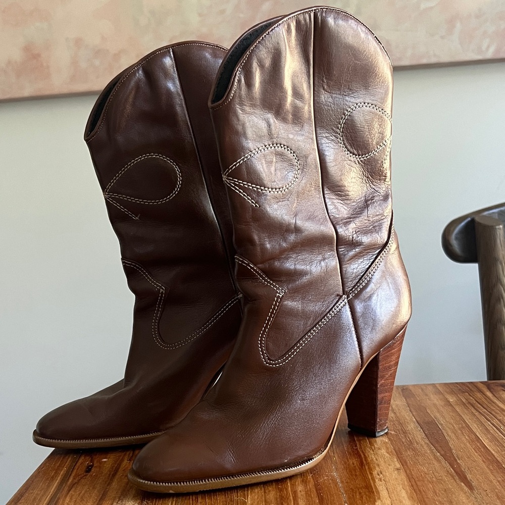 Vintage Leather Western-Style Women's Boots with Leather Upper Wood Heel Narrow